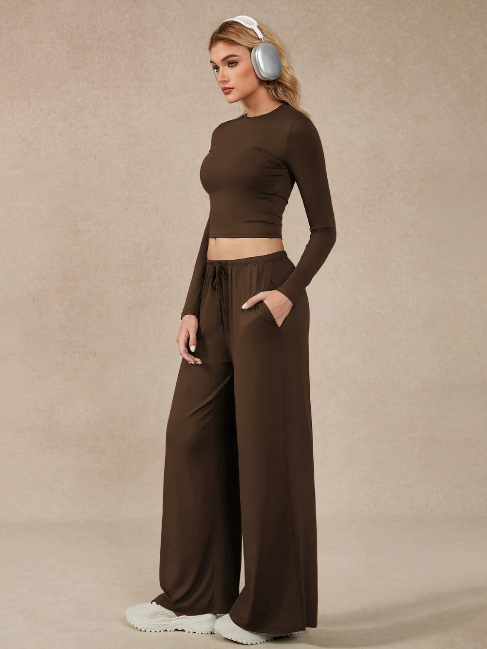 ZARA Relaxed Brown Long Sleeve Crop Top Wide Leg Pants 2-Piece Set - Picture 3 of 6